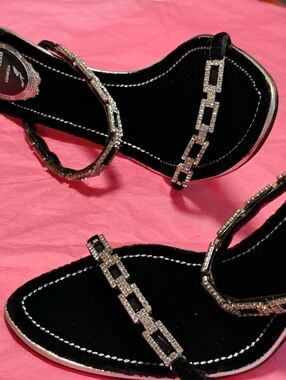 Rene Caovilla Black Sandals with Silver Crystal T-Strap